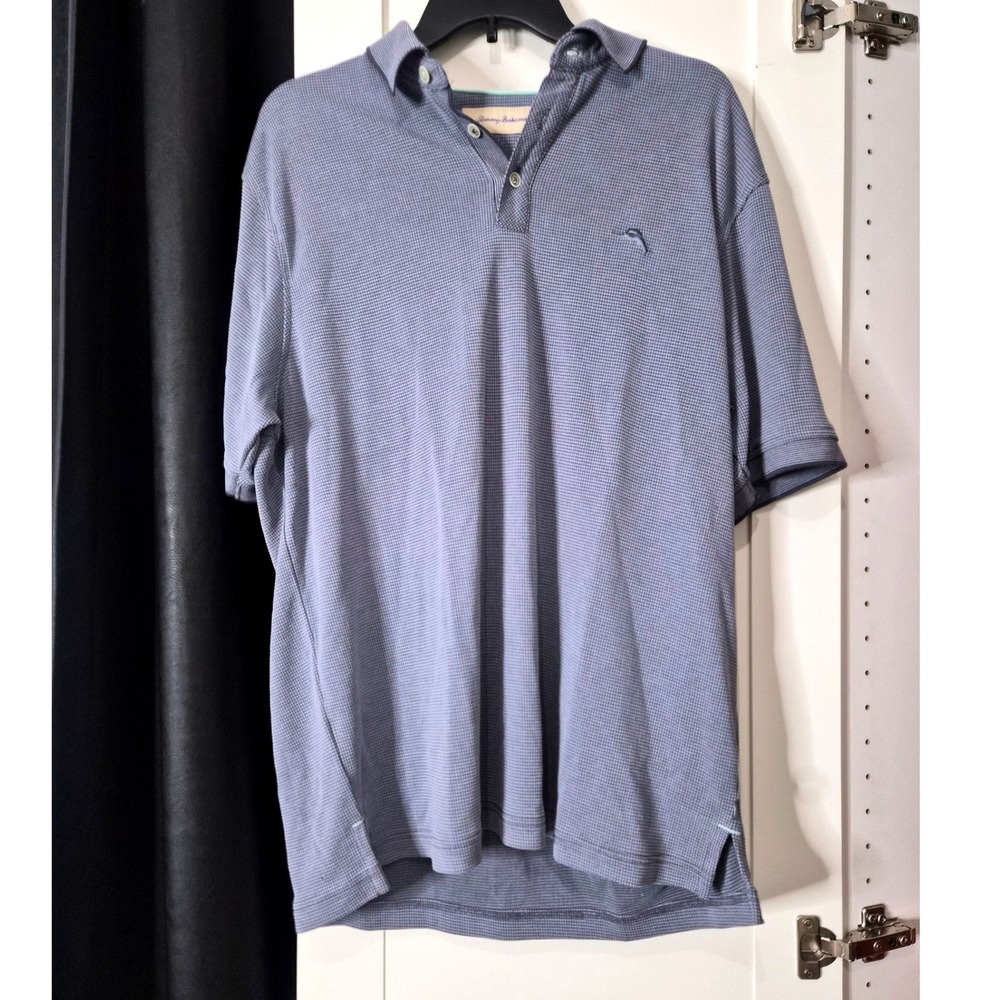 Tommy‎ Bahama Mens Polo Shirt Blue Gingham Print Short Sleeve Golf Casual Size L